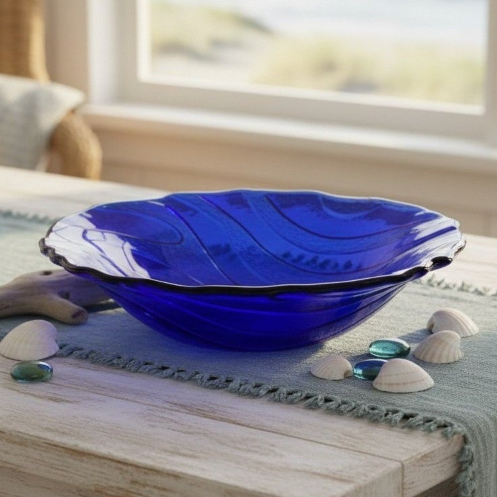 IVV Cobalt Blue Glass Pasta Bowl, Vintage Textured Wavy Stripes Design Tableware